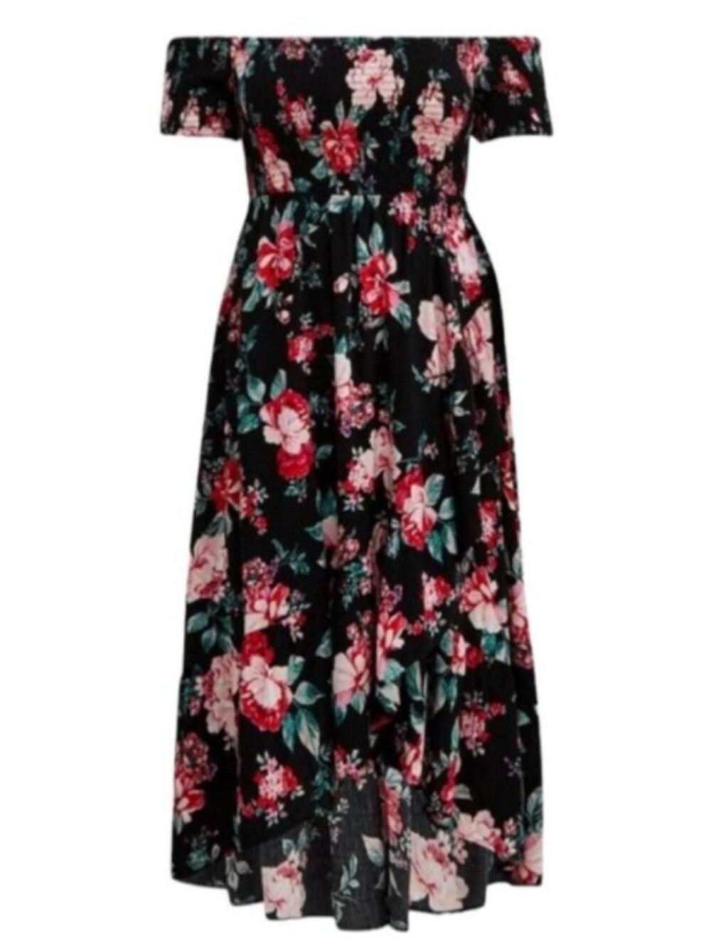 Torrid Strapless Smocked Mini Dress Black Pink Floral Rayon Size 4X